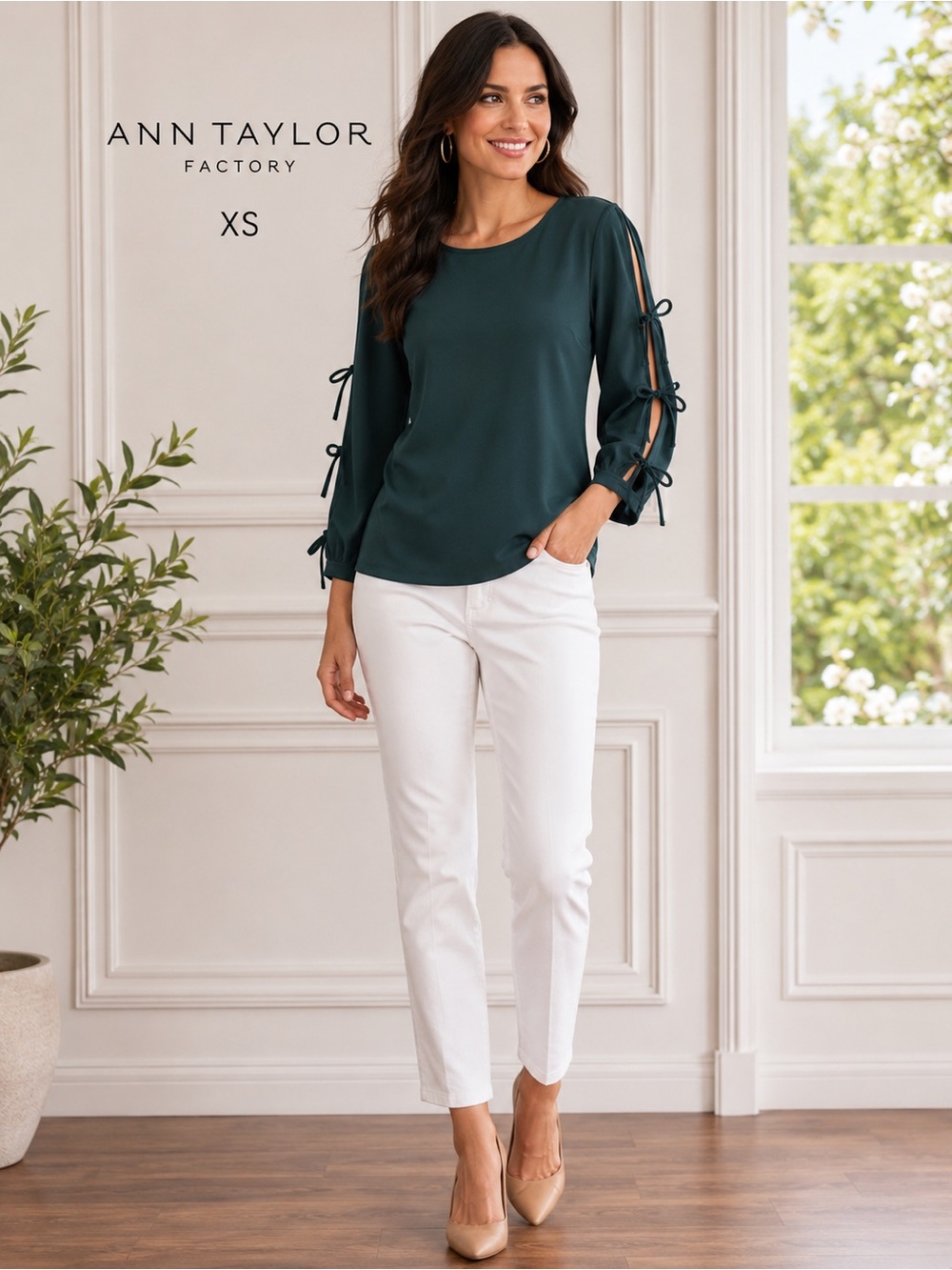 Ann Taylor Factory XS Hunter Green Tie Sleeve Long Sleeve Blouse